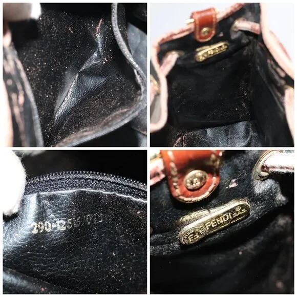 FENDI Pecan Canvas Shoulder Bag Brown Black Gold Auth 102701